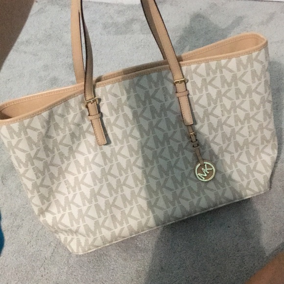 Michael Kors Handbags - Michael Kors Logo White Tan Leather MK Tote